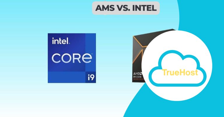 Amd vs. intel title and graphic and the truehost logo