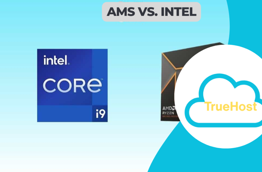 Amd vs. intel title and graphic and the truehost logo